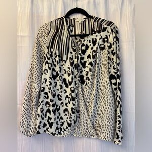 CAbi Black and White Asymmetrical Long Sleeve Blouse